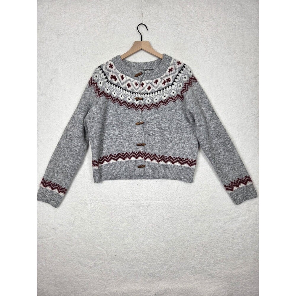 J.O.A. Cardigan Sweater Womens L Fair Isle Toggle‎ Front Ski Knit Cozy